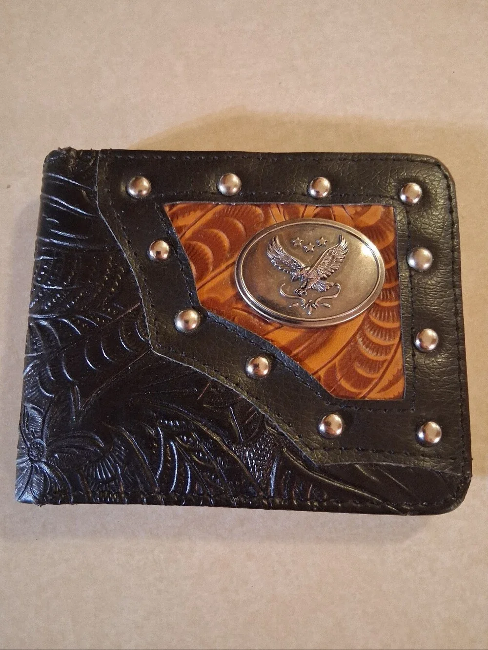 Black and Tan Studded Money Clip Wallet with Eagle Emblem